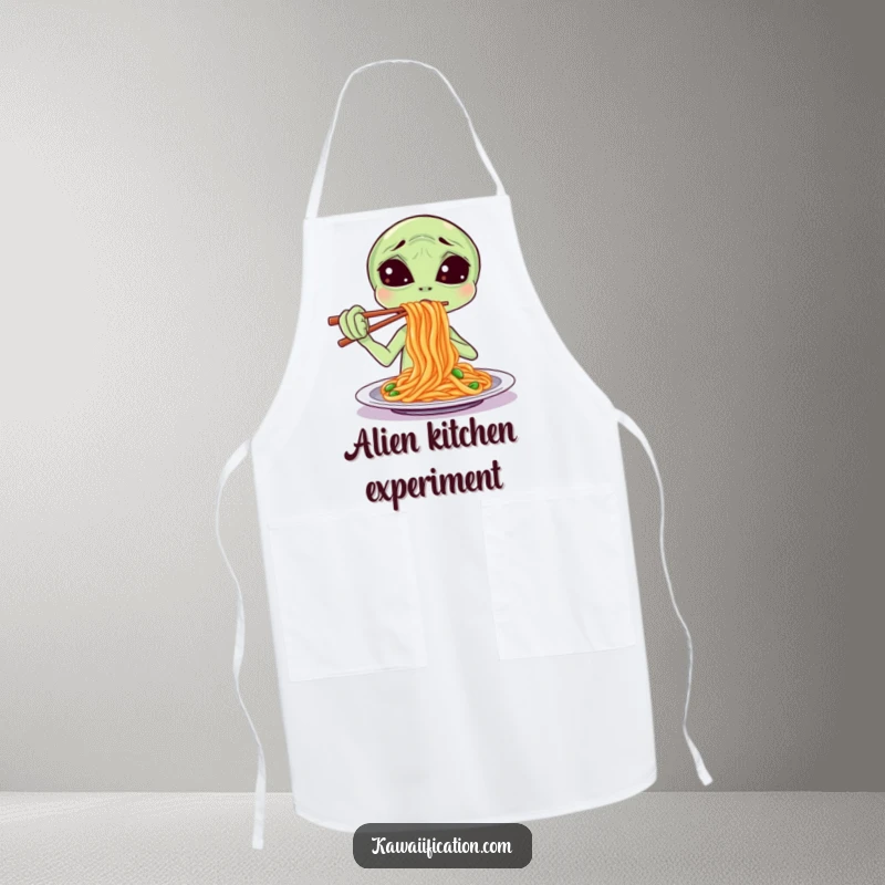 Funny Apron illustration of a confused alien attempting to eat spaghetti with chopsticks, adding a humorous and cosmic touch to cooking.