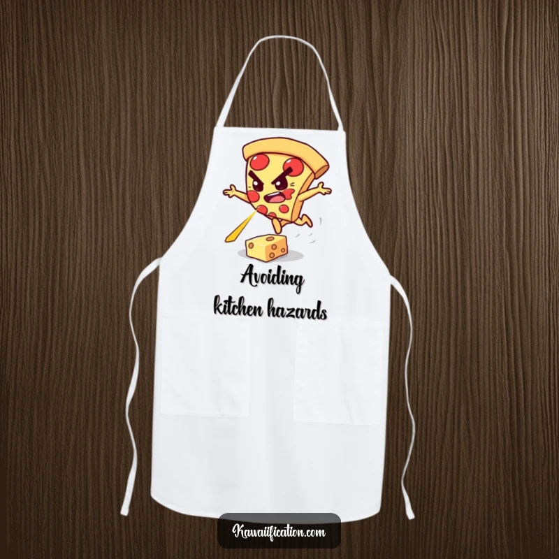 Funny apron showcasing a determined pizza slice character leaping over a vibrant cheese laser.