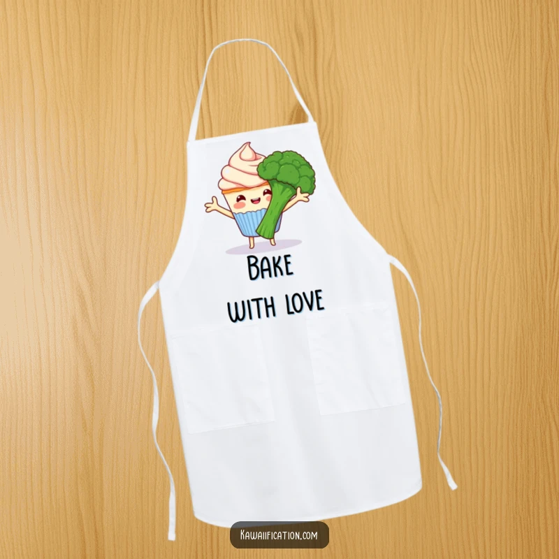 Funny happy cupcake with frosting arms hugging grumpy broccoli, a humorous kitchen apron for cooking, showcasing food friends, a funny gift.