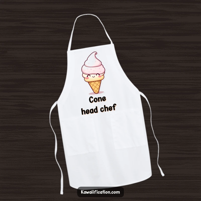 Funny Apron: A playful ice cream cone character wearing a hat, ready for kitchen fun. A humorous and practical funny gift.