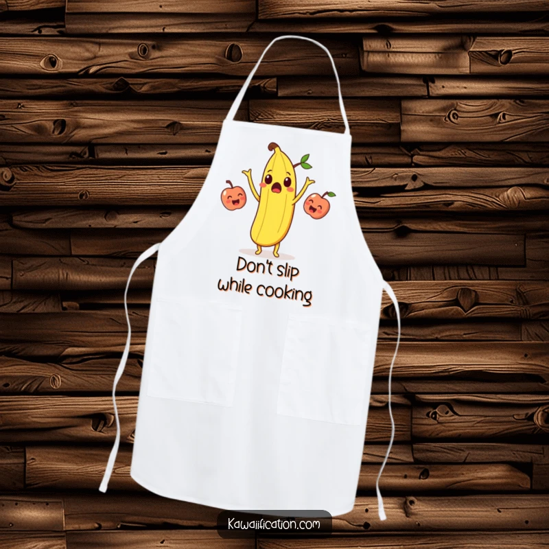 Funny surprised banana peel juggling laughing apples on a cooking apron, ideal for humorous kitchen activities.