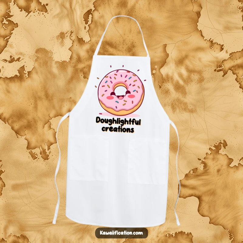 Funny Donut Confetti Apron apparel with a delighted donut character with sprinkles falling like confetti, a fun kitchen essential.