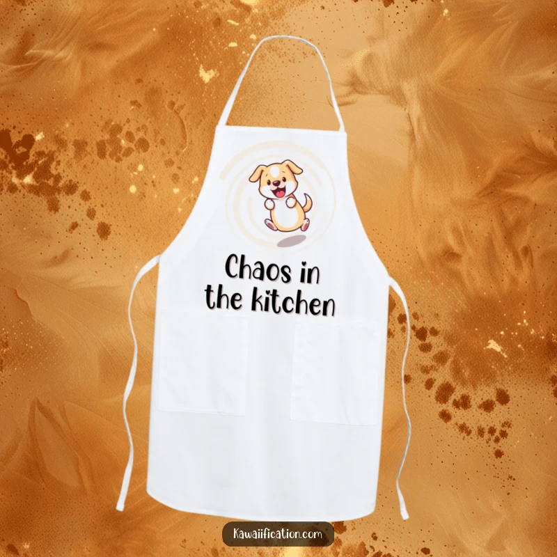 Funny dog apron, bewildered dog chasing its tail in a dizzying spiral, a humorous and practical kitchen accessory.