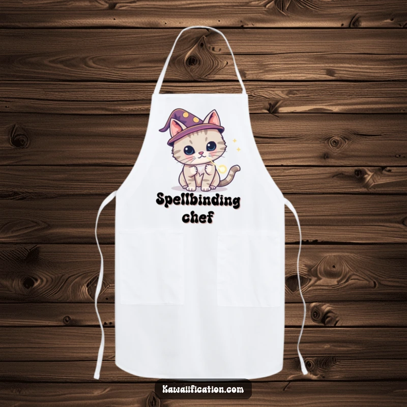 Funny cat wizard apron wearing a tiny hat, conjuring a laser dot, magical kitchen accessory, ideal funny gift.