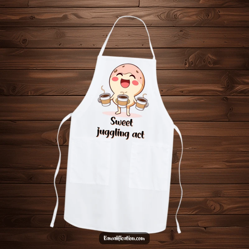 Funny apron depicting a laughing donut character humorously juggling coffee cups, inspiring cheerful baking and cooking.