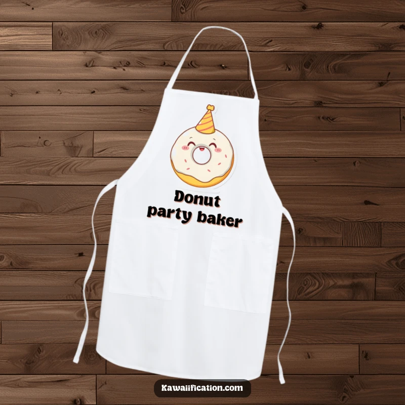 Funny apron featuring a delighted donut character attempting to wear a tiny party hat, ideal for a sweet and humorous baking experience.