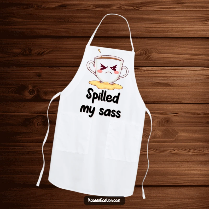 Funny apron depicting a grumpy teacup spilling its contents while attempting a wink, ideal for a humorous kitchen.