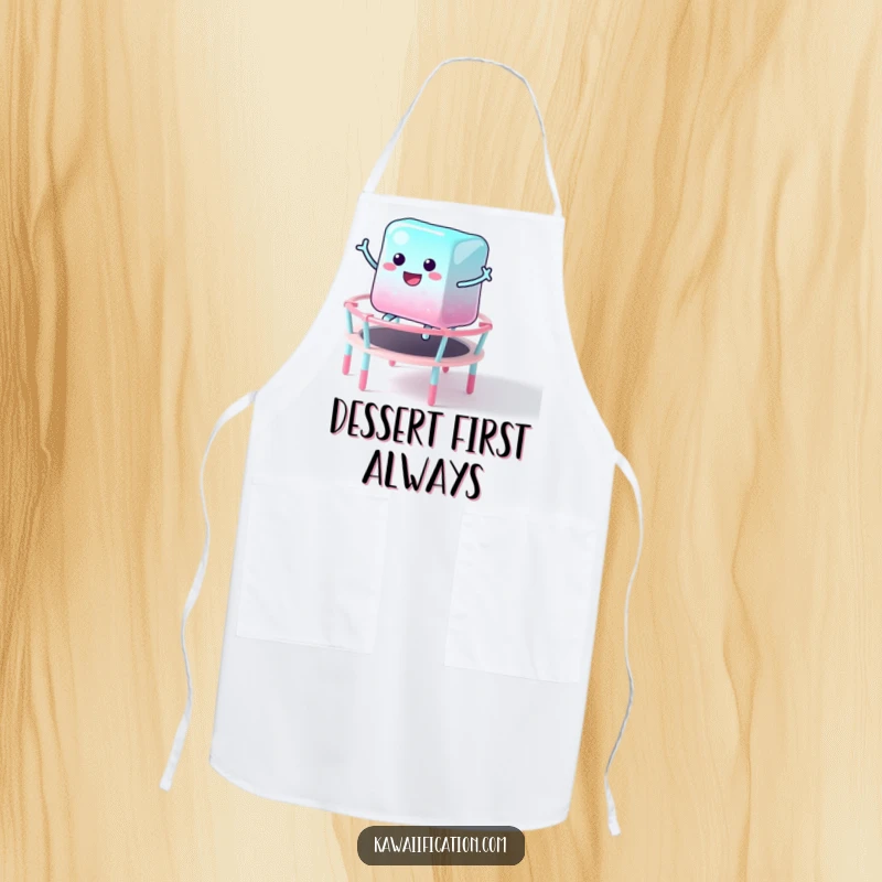 Funny apron depicting a happy jelly cube character bouncing energetically on a candy trampoline, ready to whip up some sweet, funny treats.