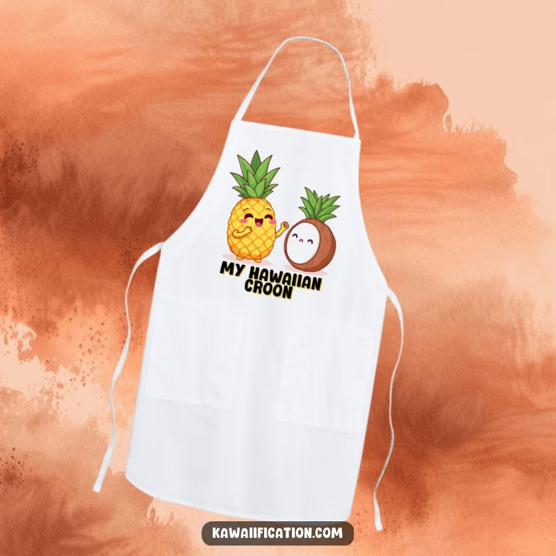 Funny apron showing a cheerful pineapple singing opera to a shy coconut, ideal for a humorous cooking experience.