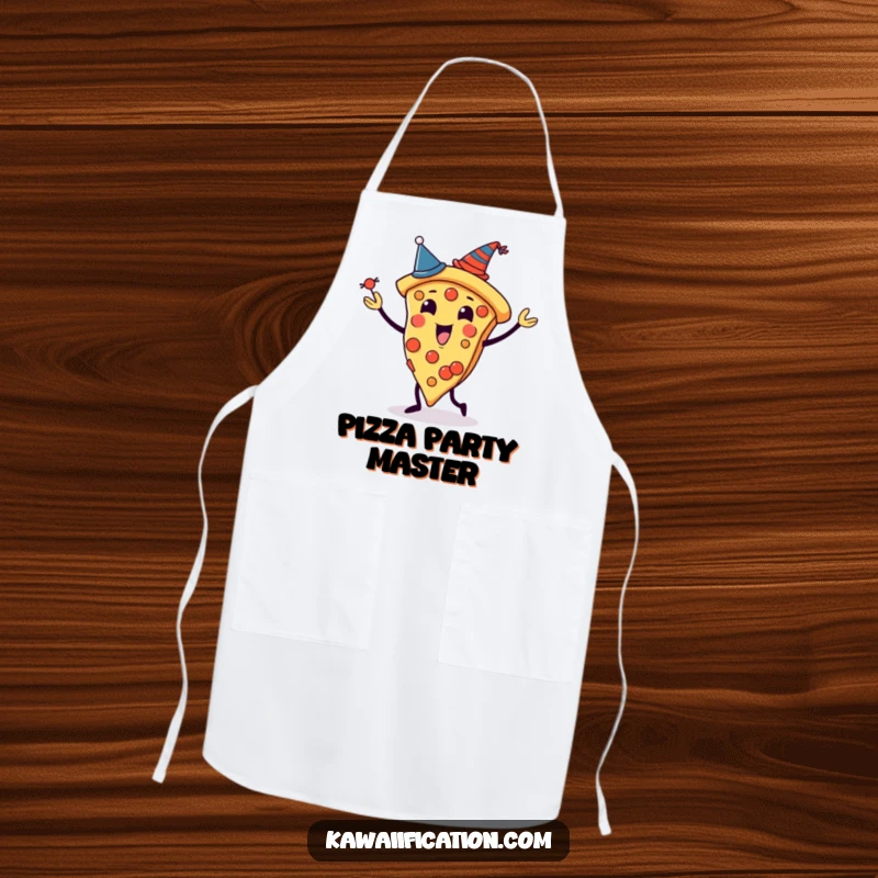 Funny apron featuring a pizza slice character juggling slices, each with a tiny hat, ideal for a festive and humorous cooking experience.
