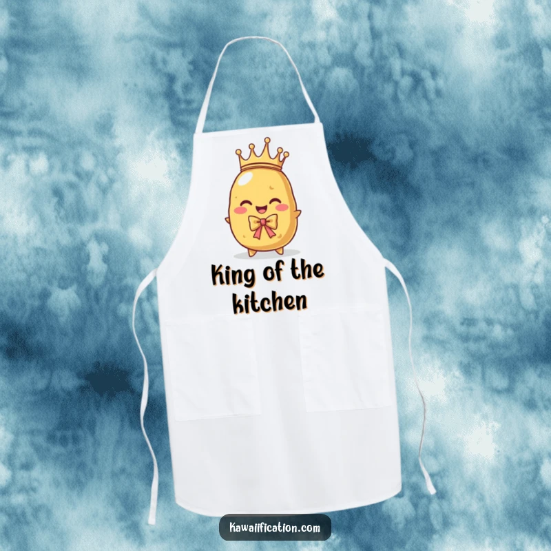 Funny kitchen apron with a proud potato character wearing a tiny crown, bowing regally. Perfect for majestic cooking.