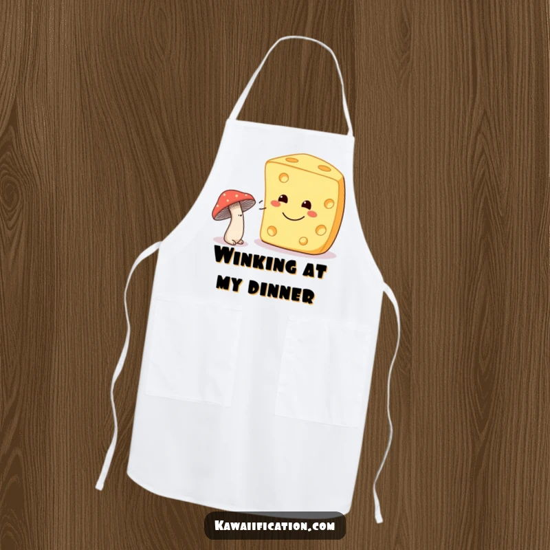 Funny shy mushroom winking at a smiling cheese on a cooking apron, adding whimsical charm to kitchen activities.