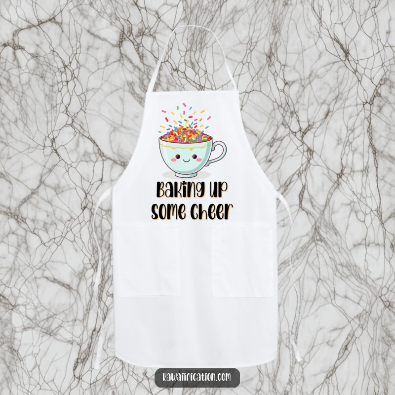 Funny teacup apron adorned with cheerful, dancing sprinkles, designed for the playful cook who enjoys adding fun to the kitchen.