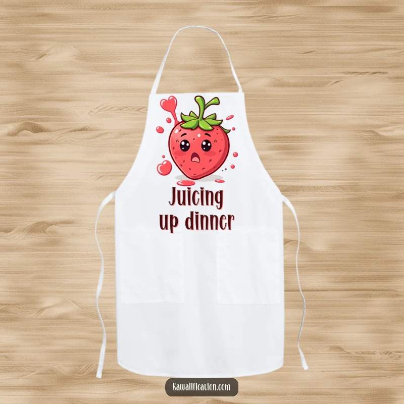 Funny Strawberry Surprise Apron apparel with a surprised strawberry character with juice splattering in a funny shape, a fun kitchen essential.
