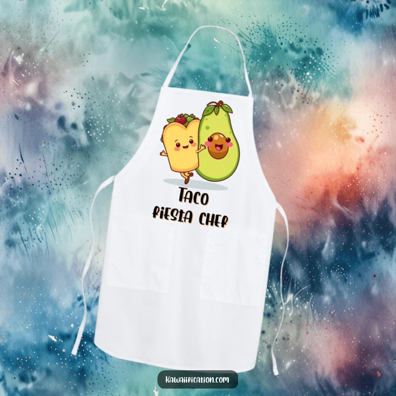 Funny apron featuring a happy taco character waltzing with a giant, smiling avocado, ideal for a comedic kitchen experience.