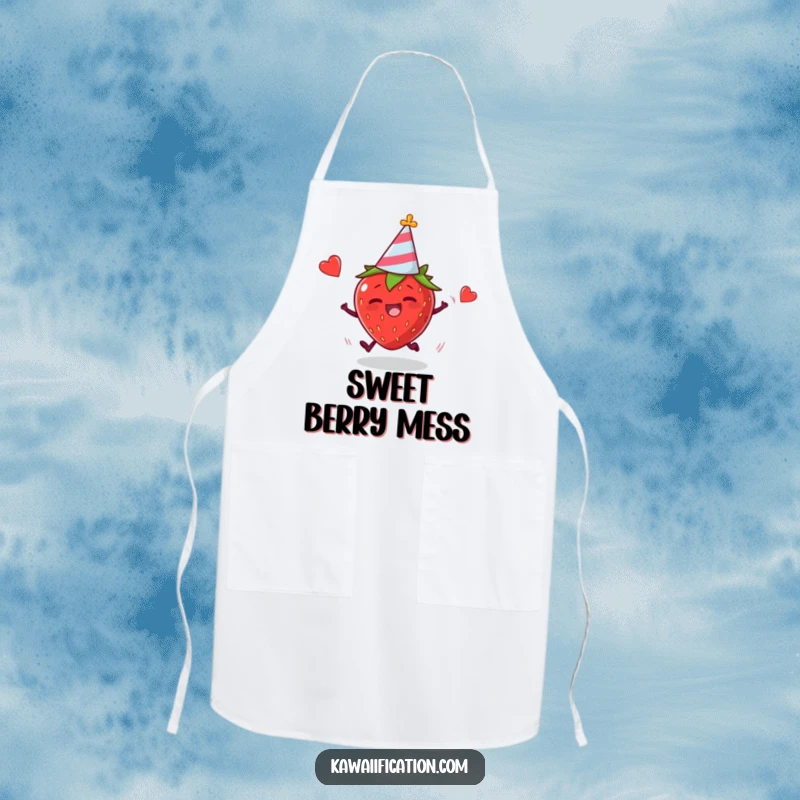 Funny apron showing a plump strawberry in a party hat tripping hilariously, ideal for a funny cooking experience.