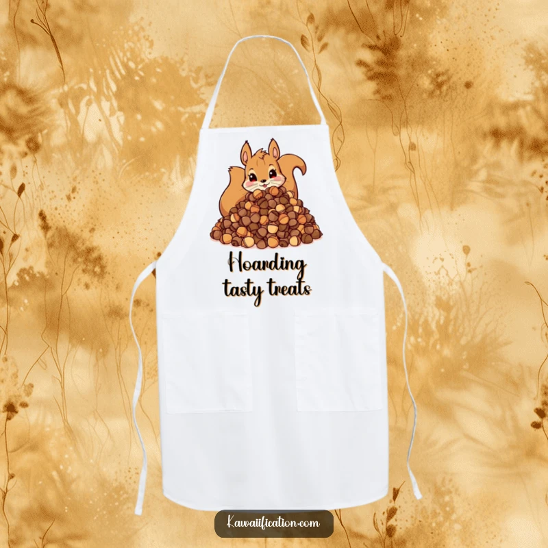 Funny Apron: Design of a mischievous squirrel hoarding acorns, great for chefs who love nature and humor.