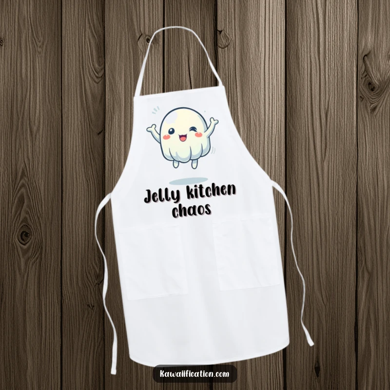 Funny Apron: A wobbly jelly character energetically bouncing, ready for kitchen adventures. A humorous and practical funny gift.