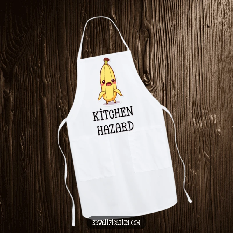 Funny apron depicting a startled banana character comically slipping out of its peel, great for kitchen antics.