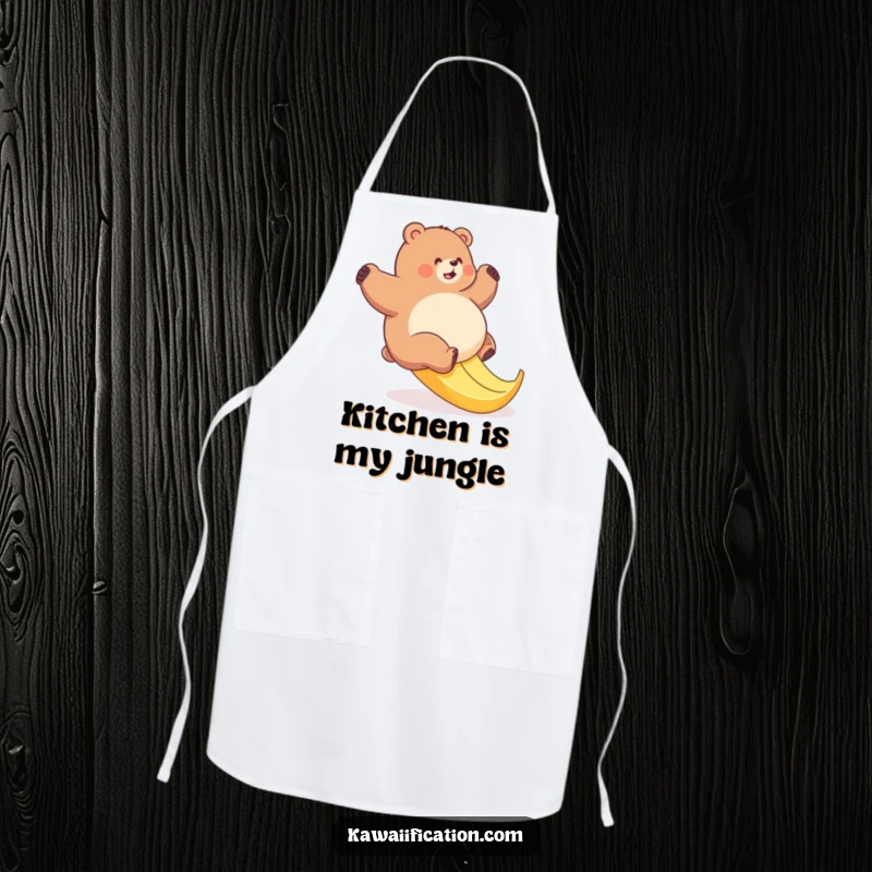 Funny bear apron showing a plump bear comically slipping on a banana peel, designed for a fun-loving cook.