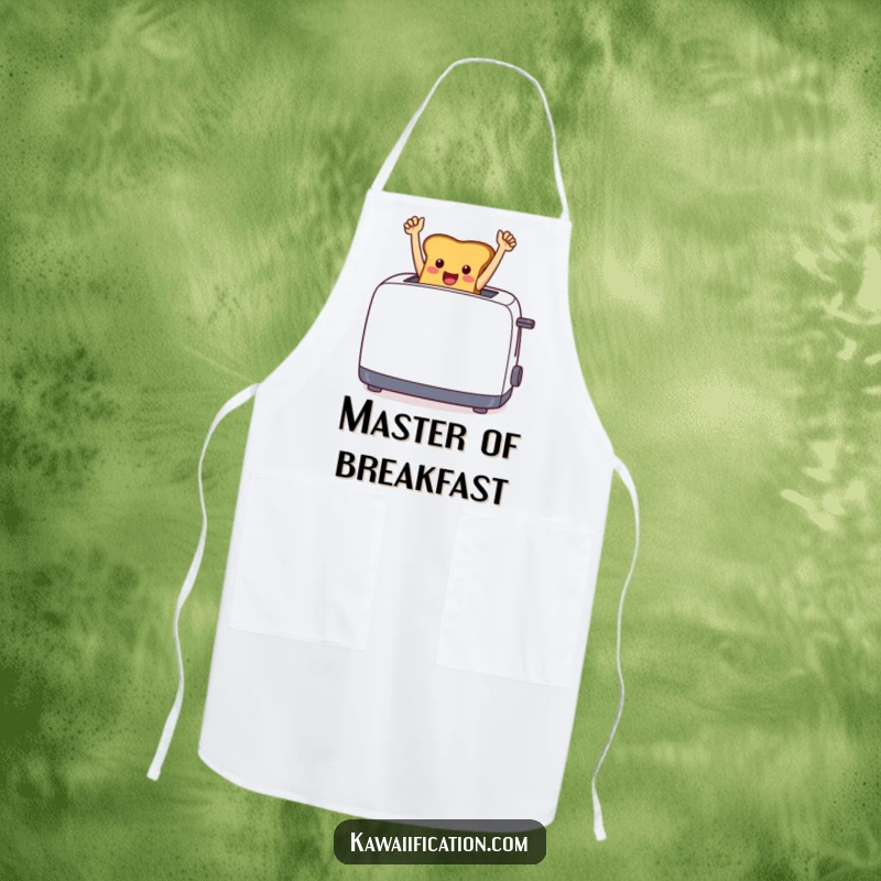 Funny cheerful toast jumping from a toaster with arms raised in triumph, on a practical kitchen apron.