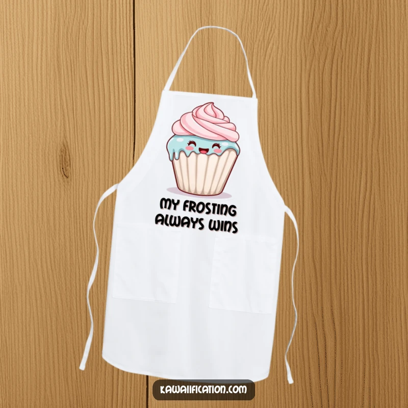 Funny apron displaying a happy cupcake character with frosting dripping down its side, ready for sweet creations.