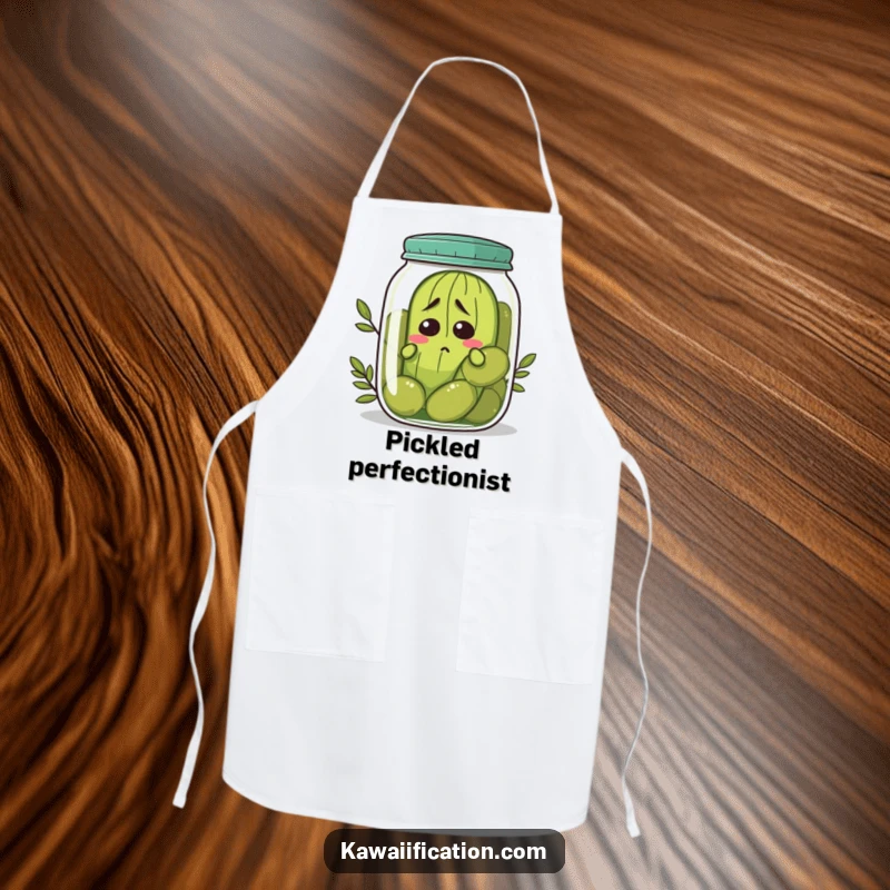 Funny nervous pickle apron trying to hide in a jar of olives, relatable kitchen accessory, ideal funny gift.