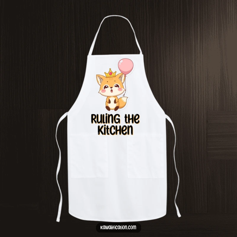 Funny apron featuring a surprised fox wearing a tiny crown, falling out of a balloon, perfect for a cook with a sense of humor.