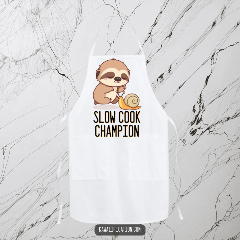 Funny cooking apron with a sleepy sloth humorously racing a speedy snail, designed for kitchen fun.