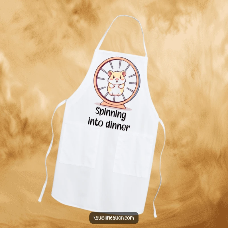 Funny Apron depicting a hamster running endlessly in a giant spinning wheel, illustrating the dedicated effort in the kitchen.