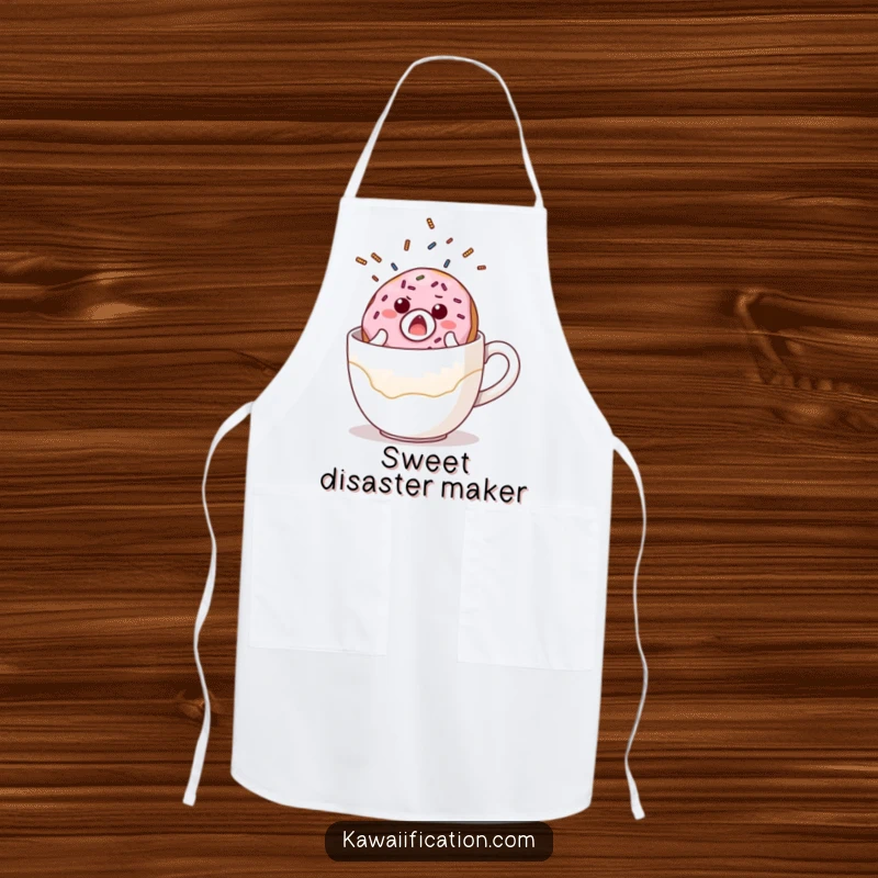 Funny apron showing a surprised donut character with sprinkles flying, comically falling off a giant coffee cup, ready for kitchen fun.