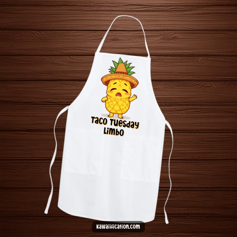 Funny apron showing a bewildered pineapple character with a sombrero, comically attempting to limbo, ready for party hosting.