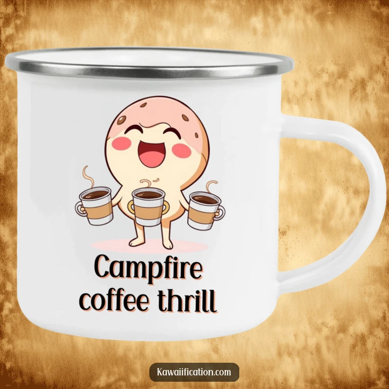 Funny camping mug showing a laughing donut character humorously juggling coffee cups, perfect for outdoor lovers with a sweet tooth.