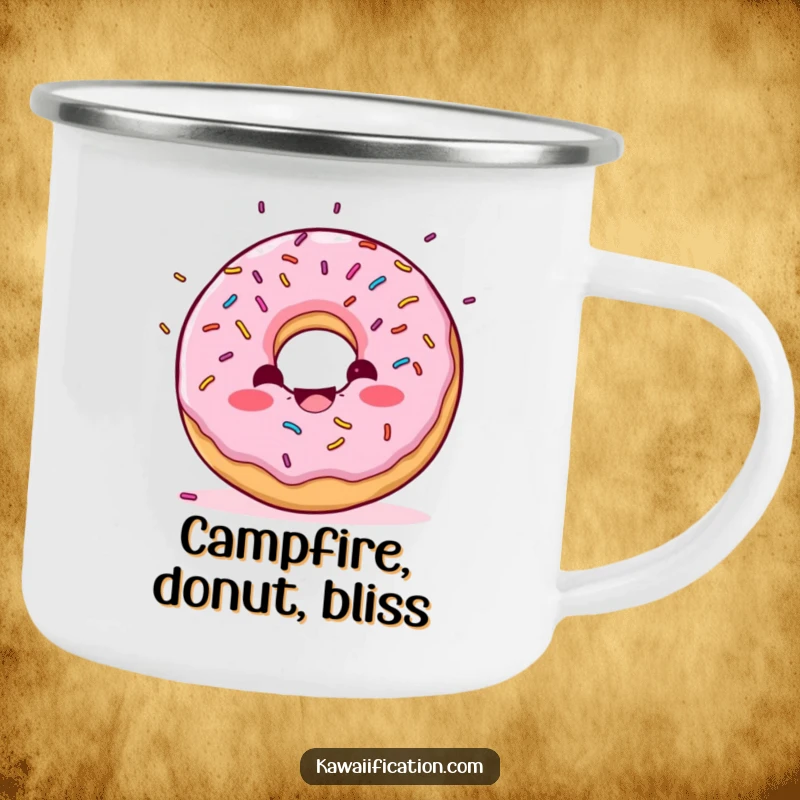 Funny Donut Confetti Camping Mug with a delighted donut character with sprinkles falling like confetti, perfect for outdoor celebrations.
