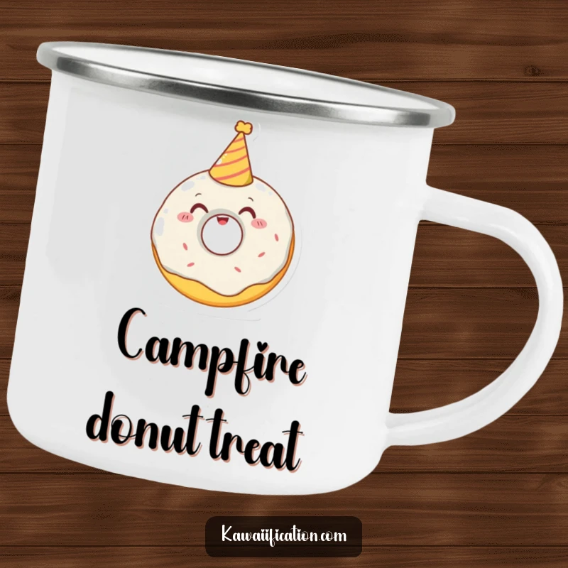 Funny camping mug featuring a delighted donut character trying to wear a tiny party hat, ideal for outdoor celebrations and sweetness.