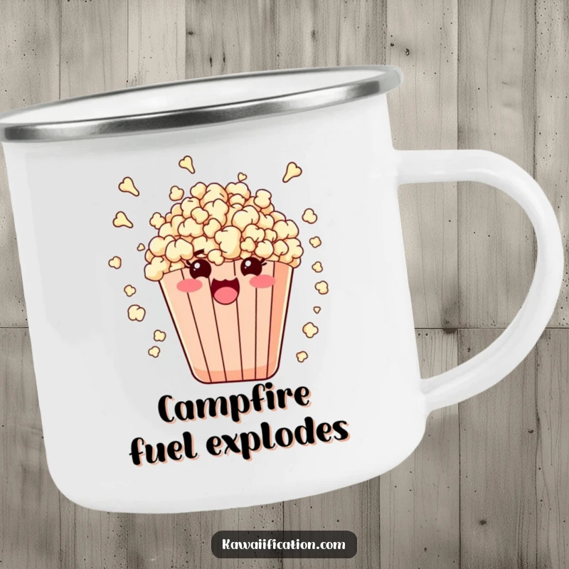 Funny enamel camping mug showing a bag of popcorn comically bursting with kernels, suitable for outdoor fun.