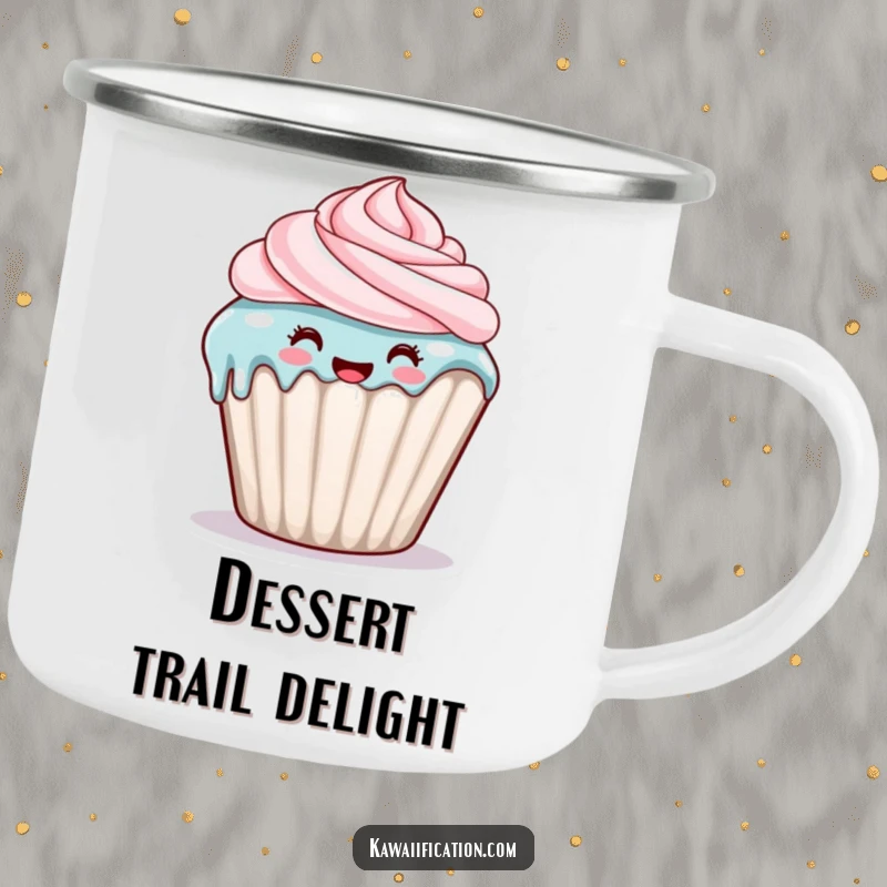 Funny camping mug with a happy cupcake character with frosting dripping down its side, great for sweet drinks outdoors.