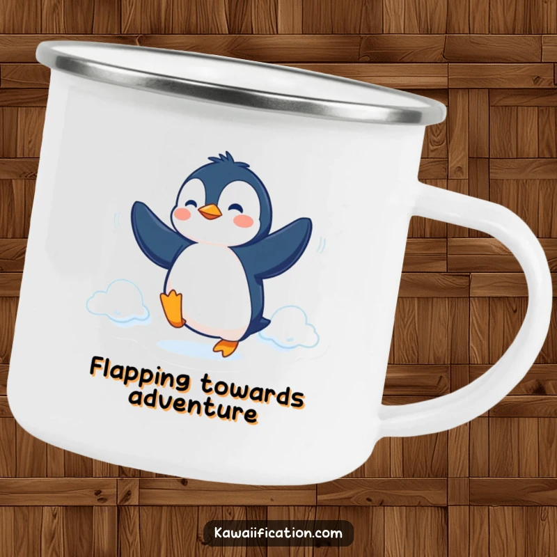 Funny Camping Mug showing a determined penguin trying to fly with its flippers, ideal for outdoor ambition and humor.