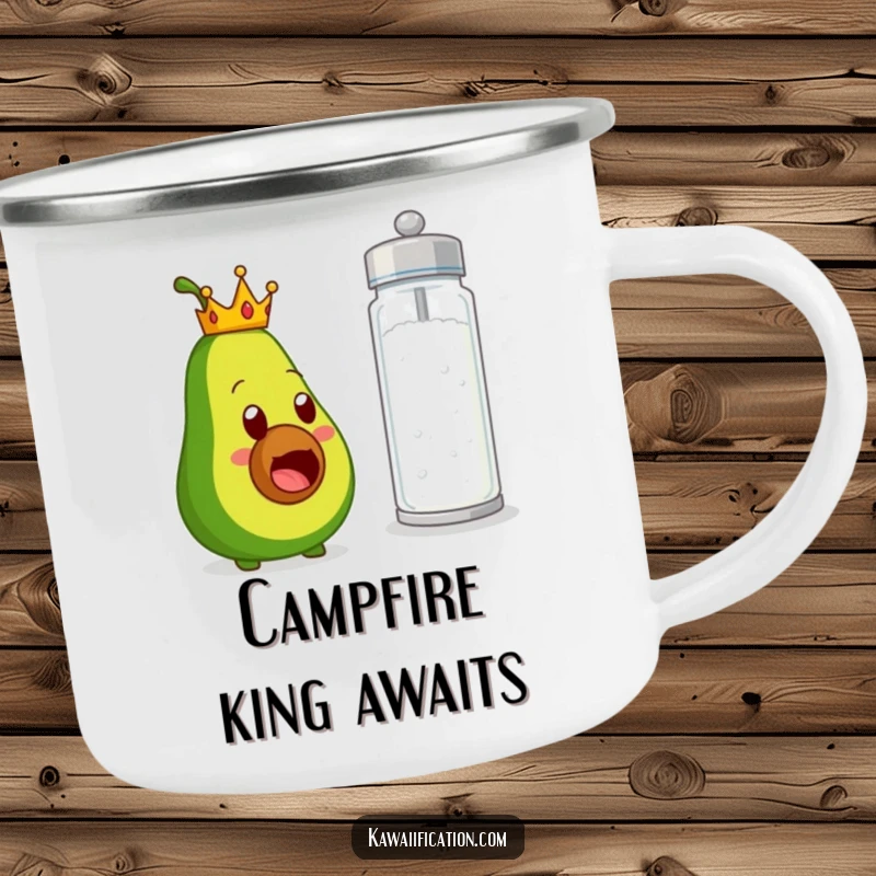 Funny camping mug with a crowned avocado character looking shocked by a giant salt shaker, ideal for enjoying drinks with a side of humor.