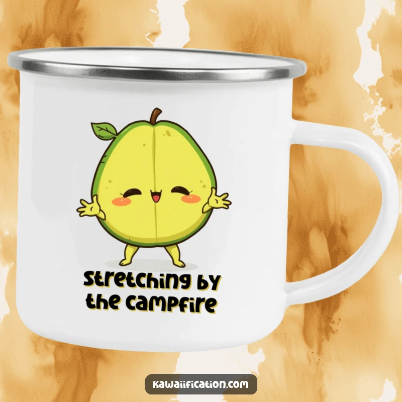 Funny Camping Mug showing a confident avocado doing a dramatic split, ideal for outdoor humor.