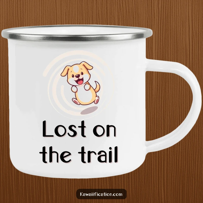 Funny dog camping mug, bewildered dog chasing its tail in a dizzying spiral, perfect for outdoor fun with a humorous touch.