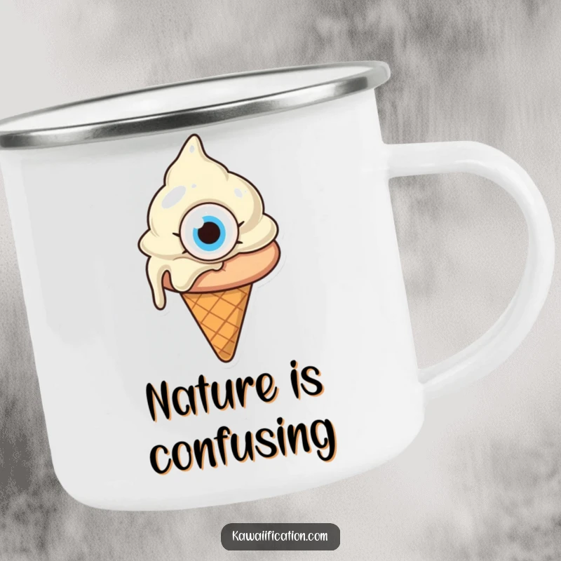 Funny melting ice cream cone with one giant eye, looking confused, a durable camping mug with a quirky cartoon character, ideal funny gift.