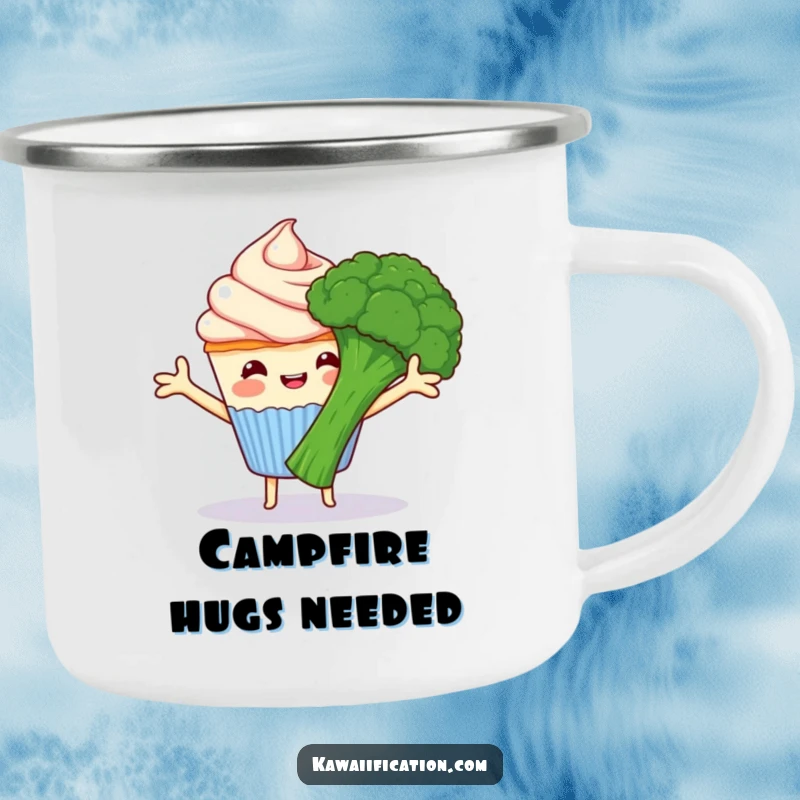 Funny happy cupcake with frosting arms hugging grumpy broccoli, a durable camping mug featuring amusing food characters, ideal funny gift.