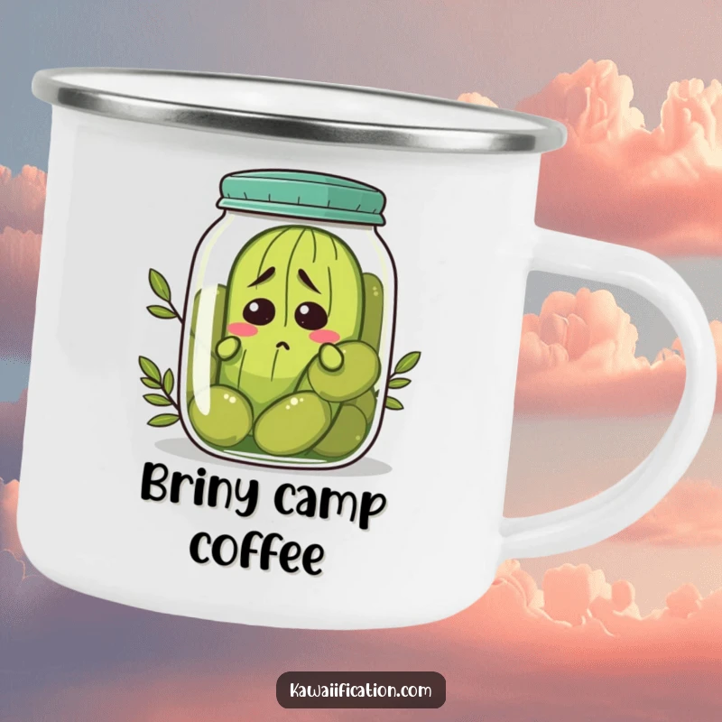 Funny nervous pickle camping mug trying to hide in a jar of olives, relatable outdoor humor, a perfect funny gift.