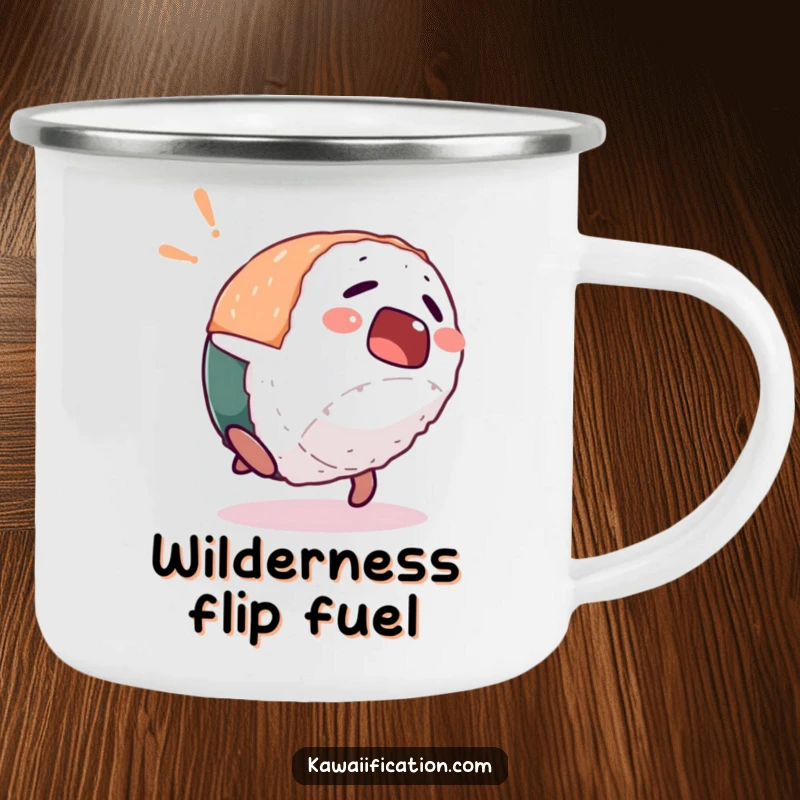 Funny camping mug featuring a startled sushi piece character doing a hilarious backflip, ideal for outdoor fun and surprises.