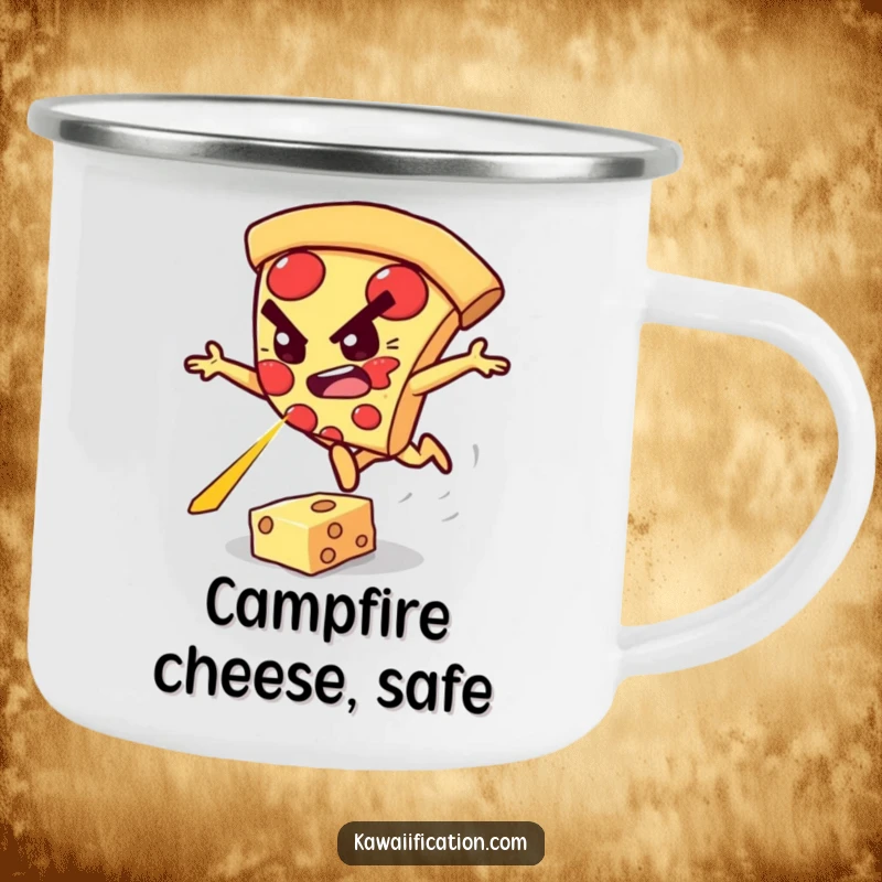 Funny camping mug with a determined pizza slice character leaping over a cheese laser outdoors.