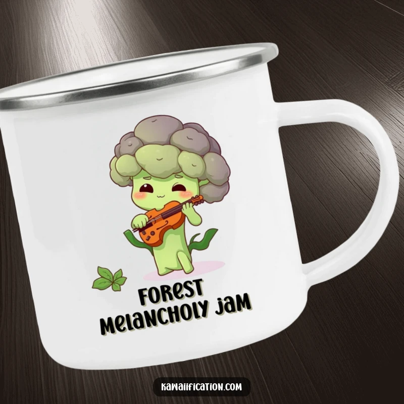 Funny camping mug featuring a shy broccoli floret playing a tiny violin, great for peaceful outdoor moments.