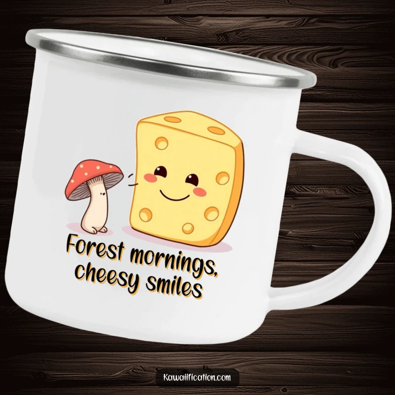 Funny shy mushroom winking at a smiling cheese on a metal camping mug, designed for outdoor charm and humor.