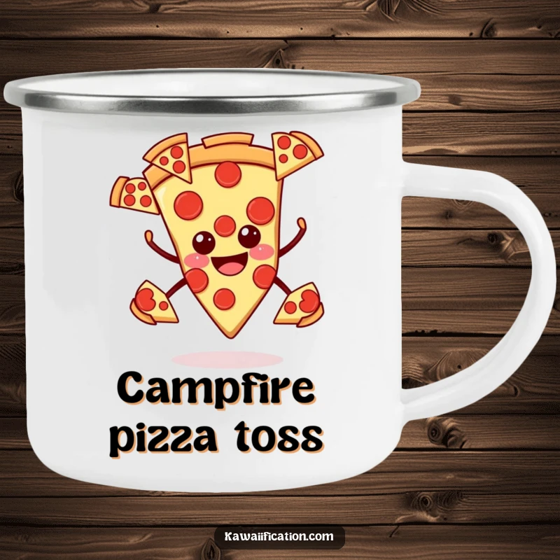 Funny pizza camping mug, smiling slice juggling pepperoni slices, perfect for outdoor feasts with a humorous touch.