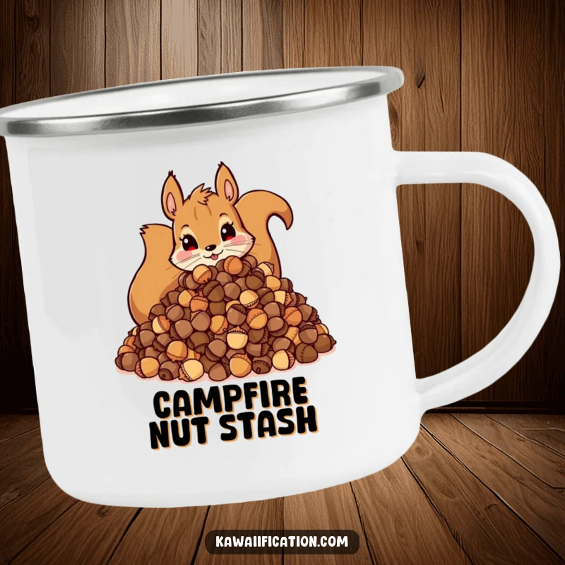 Funny Camping Mug: Durable cup with a mischievous squirrel hoarding acorns, ideal for outdoor enthusiasts.
